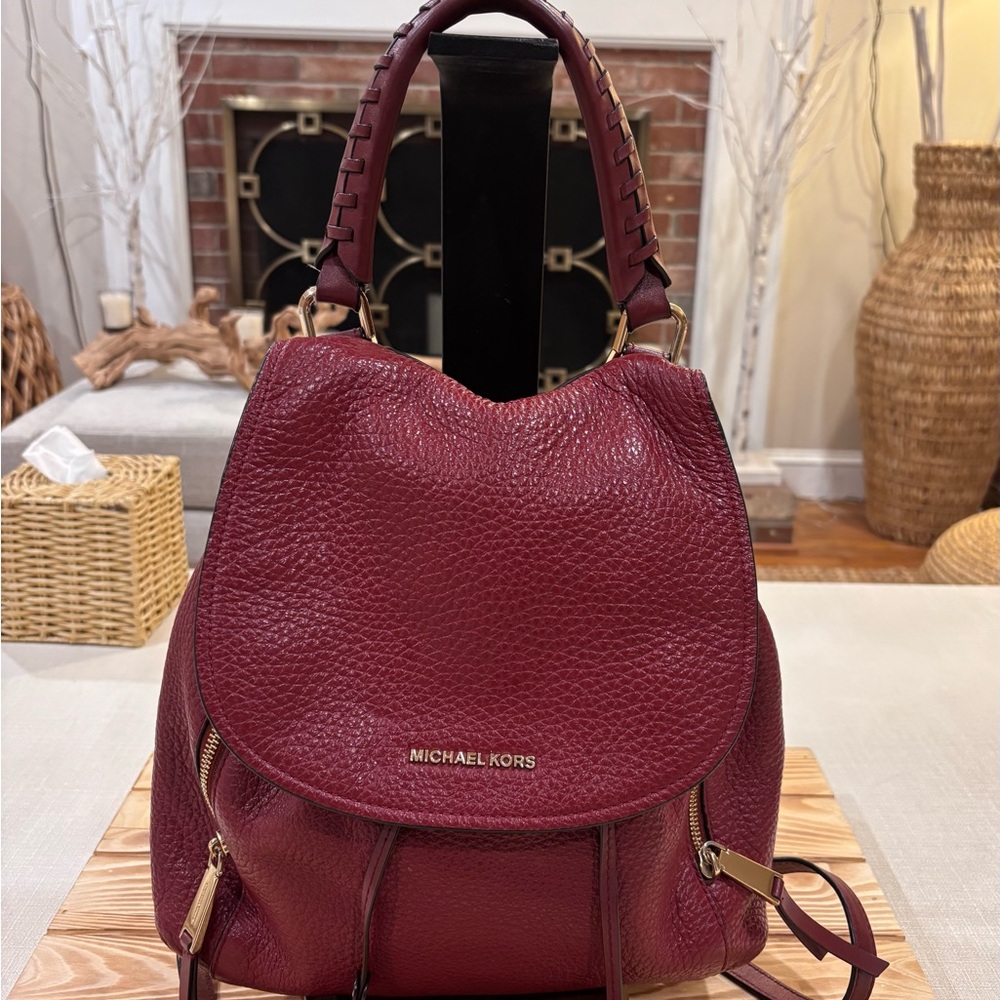 MICHAEL Kors Viv Large Burgundy Pebble Textured Drawstring Leather Backpack
